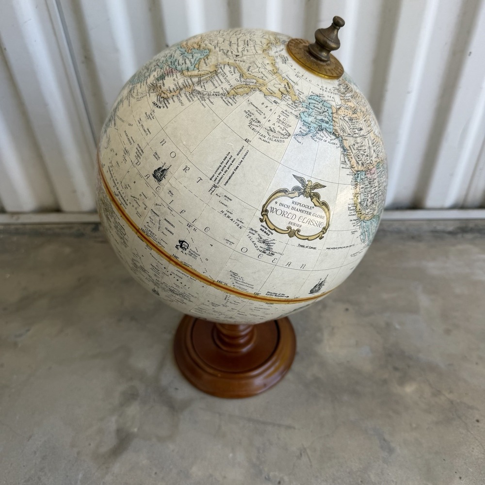Vintage Replogle 9-Inch World Map Globe Hardwood Base USA Made Mid-Century Decor